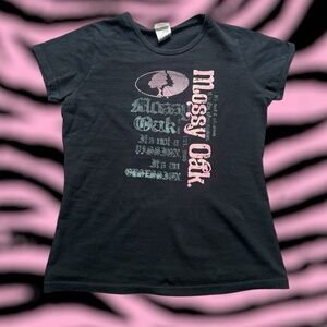 VINTAGE MOSSY OAK JERZEES Black Fitted Tee W/ Glitter Pink Lettering